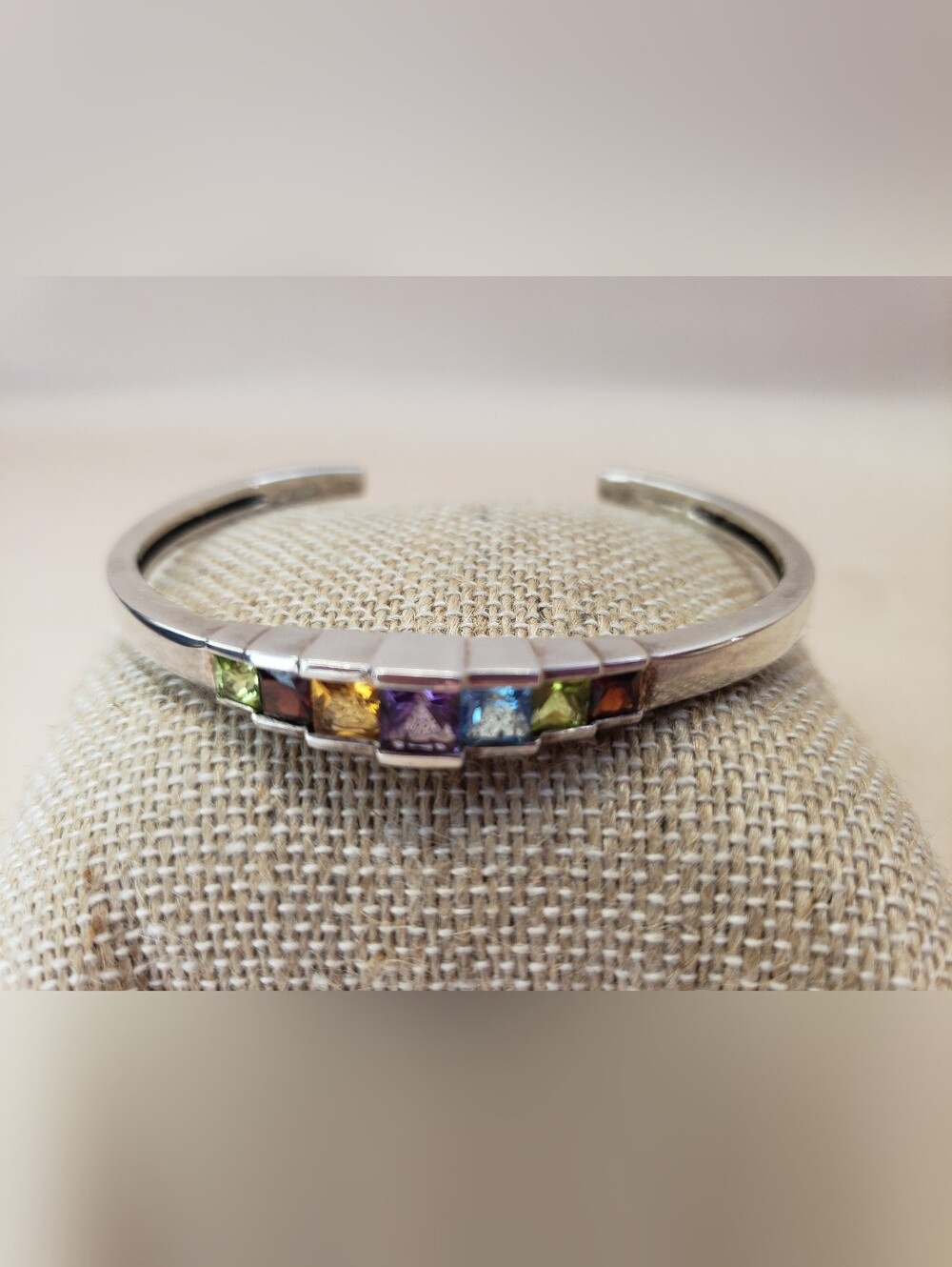Sterling Silver Multi Gemstone Tiered Cuff Bracelet Designer Signed